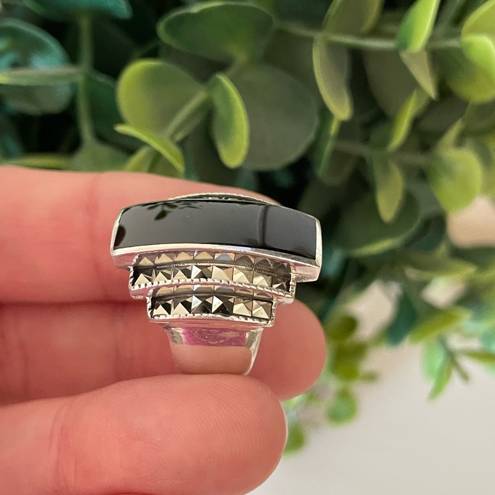 HSN Carol Brodie Sterling Silver CFJ Black Onyx Marcasite cocktail Ring Size 5.5 - Picture 3 of 8